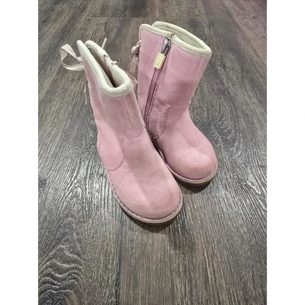 UGG Australia Girls Pink Suede Ribbon Bow Side Zip Boots Mid Calf Kids